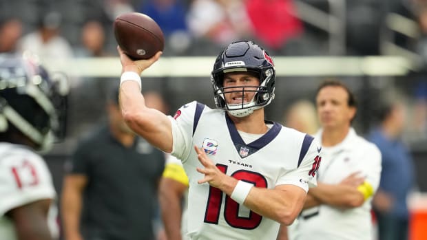 Houston Texans quarterback Davis Mills (10) warms up before a game against the Las Vegas Raiders at Allegiant Stadium